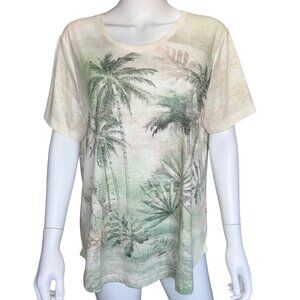 Christopher & Banks Womens XL Palm Tree Print T-Shirt Green & Cream